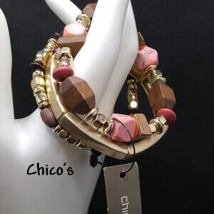 Chico's Gemstone Wood Three Bracelet Set, Stretch New With Tags